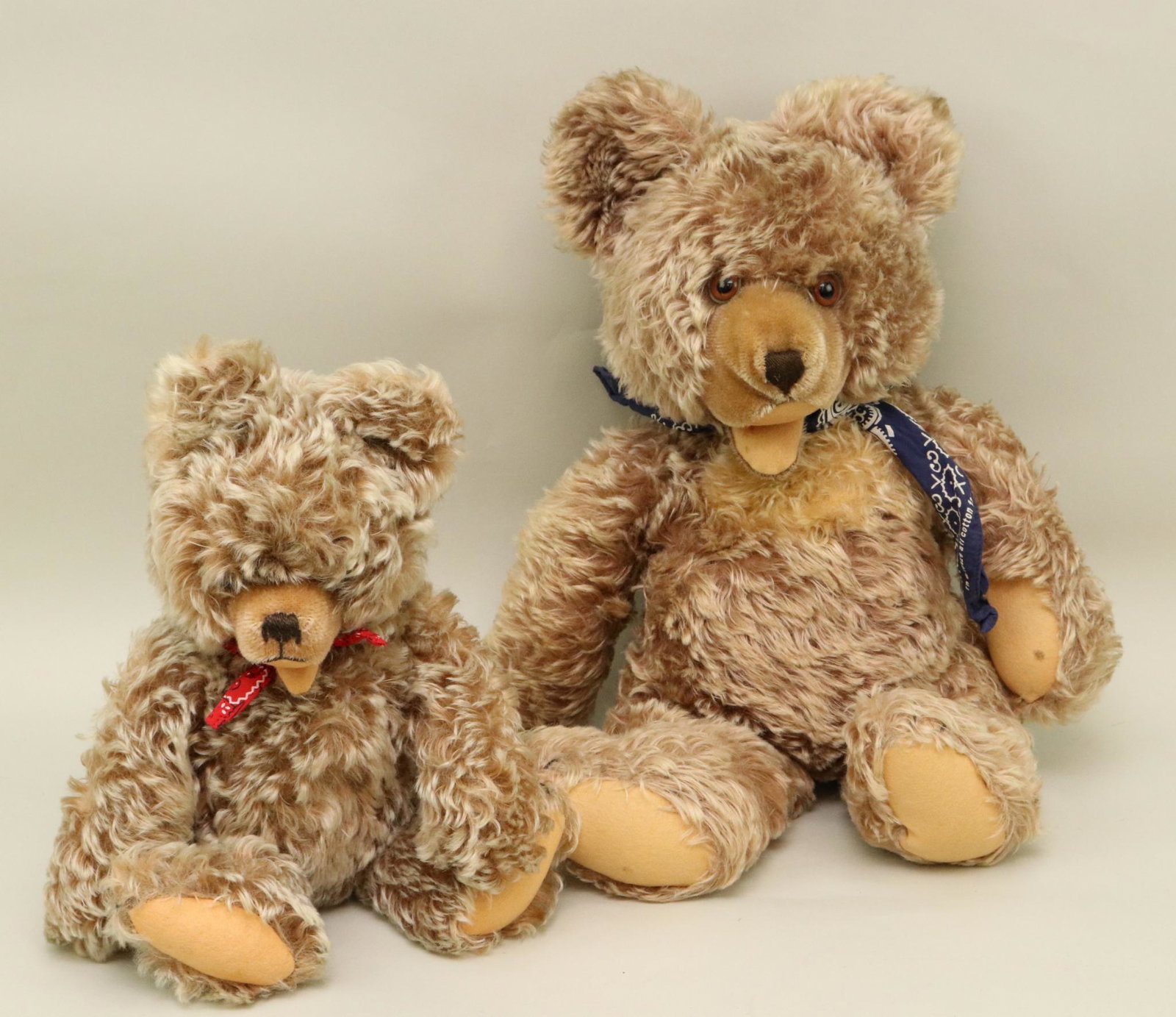 PAIR OF UNMARKED STEIFF "ZOTI" BEARS.: Both Zoti bears have long curly mohair, clipped noses, open felt mouths. 14" Has tipped mohair. 22" Has an apricot bib. Both have brown glass eyes. They have swivel necks and are fully jointed. Condit
