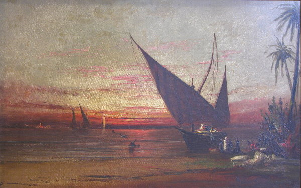 Alexander Charles Stuart.: Dhow on river at sunset, oil on canvas panel, 14" x 22", SLR, "Alexander". Artist: b. 1831, d. 1898, Scottish. Condition: no defects observed.