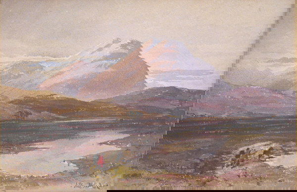 Peter Hurd.: New Mexico landscape with figures, watercolor, 8 1/4" x 12 1/4" sight, SLR, "Peter Hurd NA". Artist: b. 1904, d. 1984, American. Condition: toning.