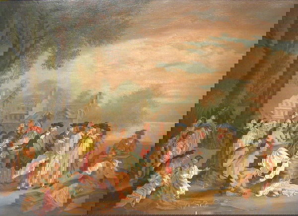 After Benjamin West.: Titled, "William Penn's Treaty with the Indians When He Founded the Province of Pennsylvania 1681", oil on canvas, 24 1/2" x 33 1/4". Condition: relined and restored.