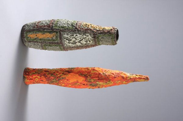 Italian Art Pottery-"Raymor Italy": One vase with geometric patterns, signed . Together with other unmarked vase. Height of tallest: 18". Shipping: $32