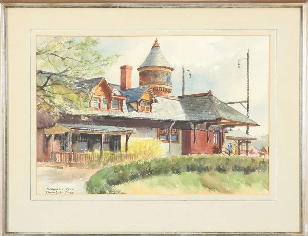 Ranulph Bye: "Sedgwick Station, Philadelphia", watercolor, 14" x 20" (sight), SLL "Ranulph Bye/ Sedgwick, Phila.", history of station attached verso. Artist: American, 1916-2003. Shipping: $40