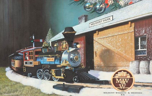 Tony Fachet: The Milmont, Woodlyn, and Western Railroad toy train set, under the Christmas tree, oil on canvas board, 19" x 29 1/2" (sight), SLL "Tony Fachet '92". Artist: American, 20th century. Shipping: $40
