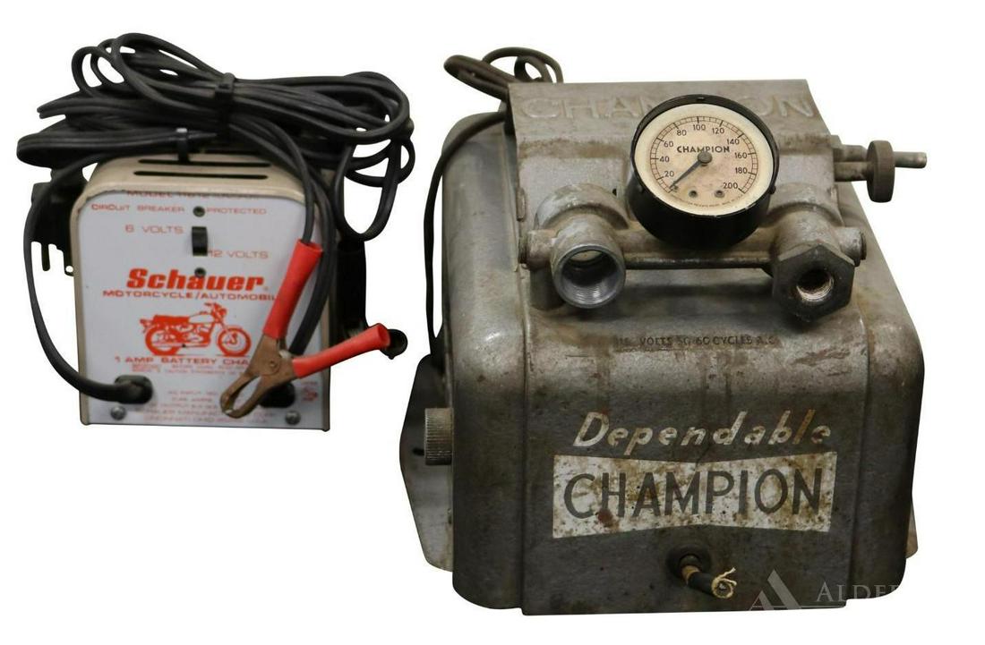 Champion Spark Plug Cleaner & Schauer Battery Charger: Champion Spark plug cleaner and tester. Embossed "Champion" on top and decals on side. Schauer 1 AMP battery charger. Largest measures 7"w x 9.5"d x 8"h