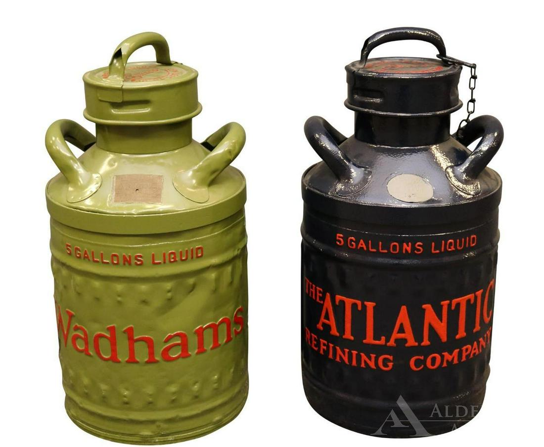 Two Ellisco Motor Oil Cans: Â 5 gallon Atlantic Refining Company and 5 gallon Wadhams. Both have been repainted/restored. Each can measures 22"h. The Alderfer Shipping Department is not able to ship the majority of items in th