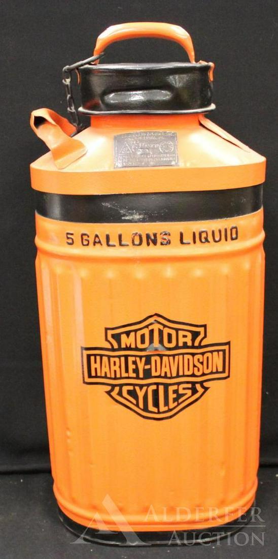 Harley Davidson 5 Gallon Gas Oil Can: Ellisco 5 Gallon Gas Oil Cans, restored in Harley Davidson colors. Logo/ID tag on front top between handles reads "Geo D. Ellis & Sons, Inc. Philadelphia PA, Ellisco" with State approved names below