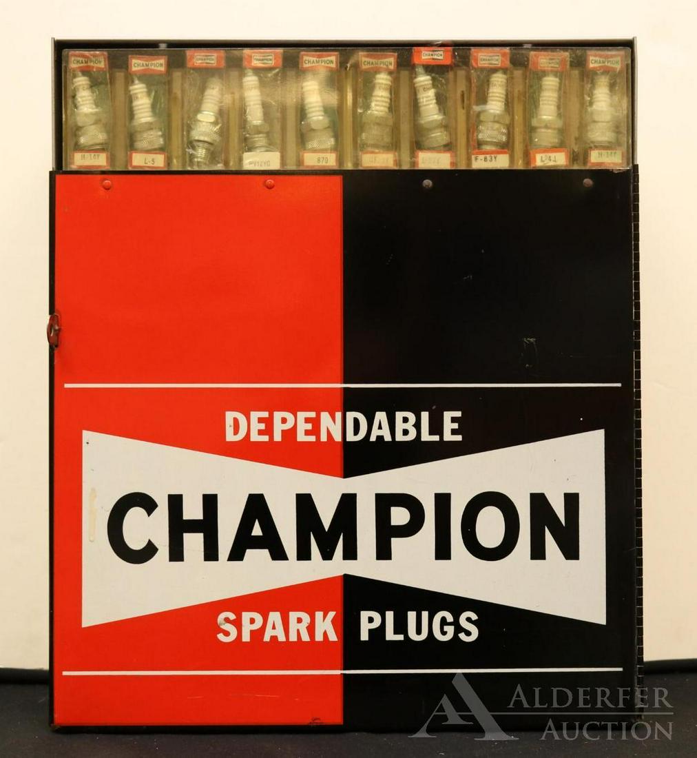 Champion Spark Plug Display Case: Metal Champion spark plug dispenser, measures 17.5"w x 7"d x 15"h