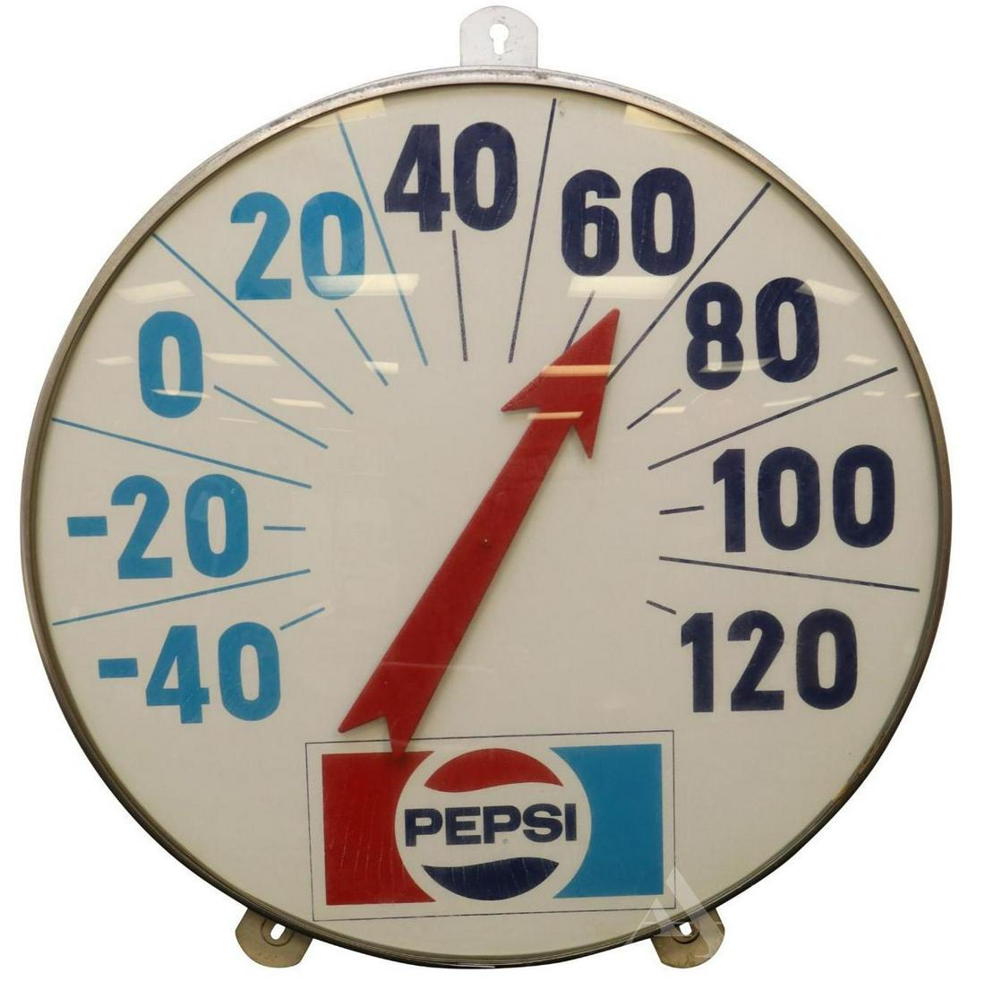 Pepsi Advertising Thermometer: Advertising thermometer "Pepsi", measures 18" diameter.