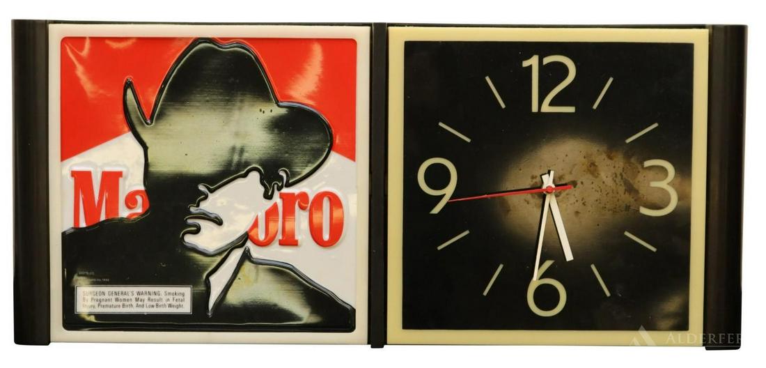 Marlboro Cigarettes Advertising Clock: Iconic Marlboro Man image and clock. Measures 26"w x 3.5"d x 11.5"h
