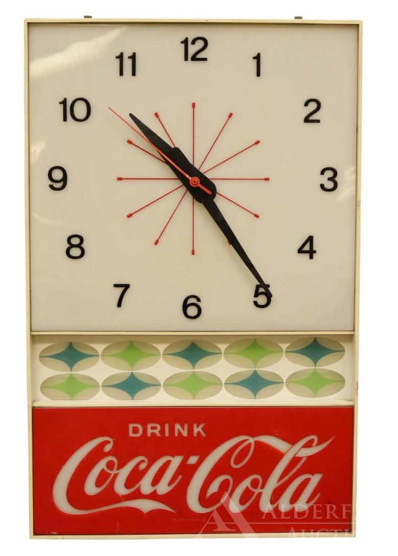 Coca-Cola Advertising Clock: Coca-Cola Advertising Clock, graphics read "Drink Coca-Cola", measures 12.5"w x 4.5"d x 20"h
