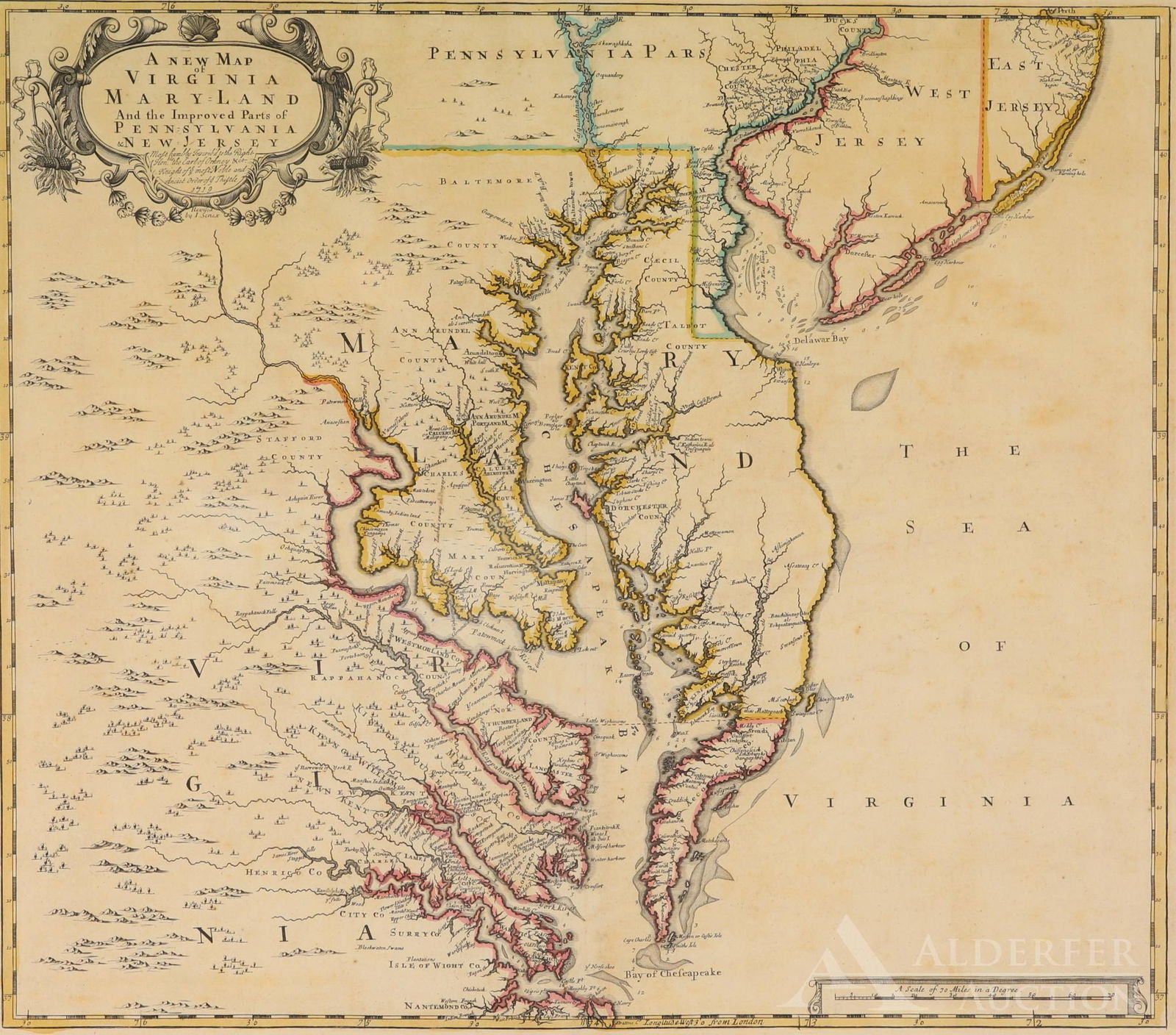 Map of Virginia, Maryland, Pennsylvania and New Jersey: Copper plate, hand-colored engraved map titled "A New Map of Virginia, Maryland and the Improved Parts of Pennsylvania & New Jersey" by John Senex published in London in 1719. Map is matted and framed