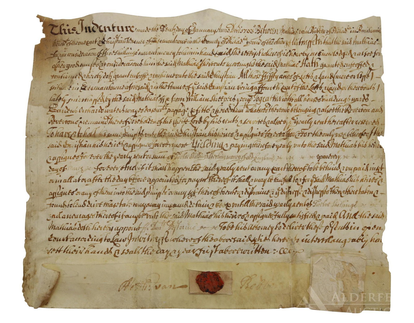 Germantown Pennsylvania Indenture-1703: Indenture on vellum dated January 20, 1703 between Mattias van Ribber to Christopher Warmer for 50 acres of land in Germantown, Pennsylvania. Reverse of document presents signature of Francis Daniel P