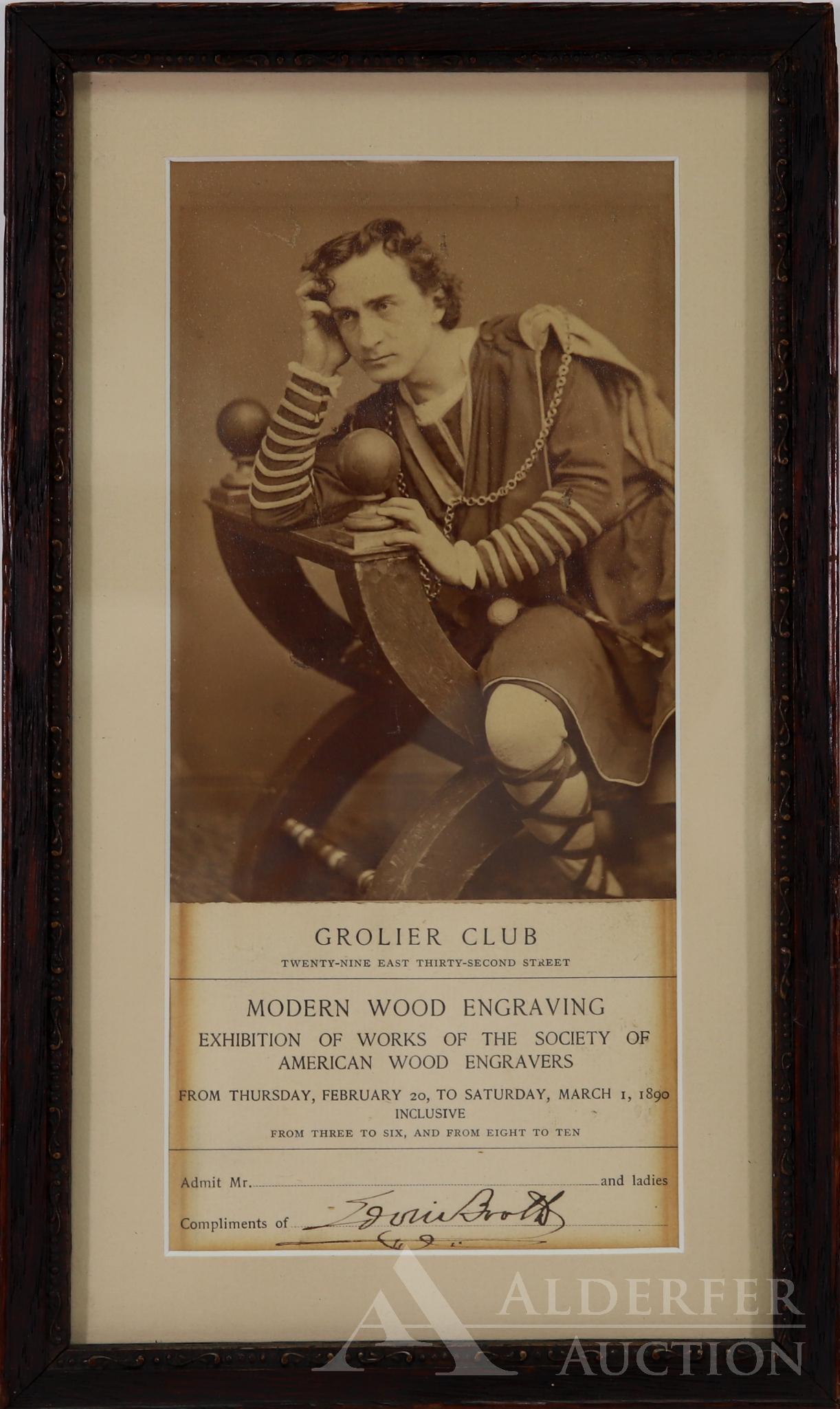 Autograph of Edwin Booth: Autograph of Edwin Booth (1833-1893) 19th century American actor and brother of John Wilkes Booth. Autograph on complimentary ticket conveyance card for the Grolier Club exhibit of Modern Wood Engravi