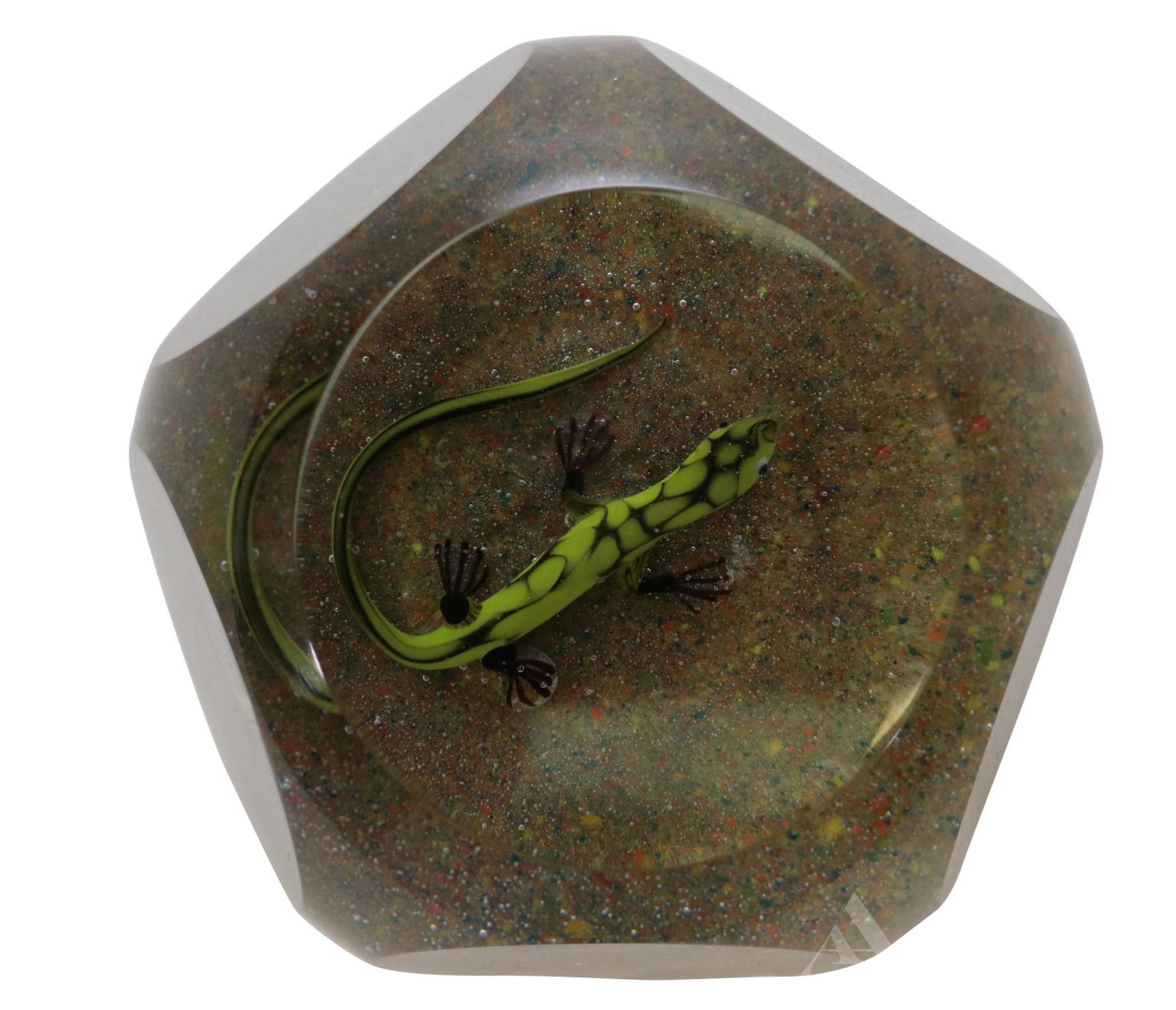 Harold J. Hacker Paperweight: Terrarium style faceted paperweight with brightly colored salamander on dark ground. Etched signature. 2.5"