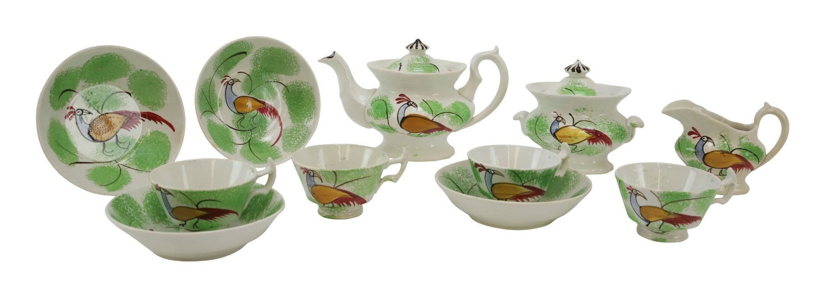 Green Spatterware Tea Set: Child's green spatterware tea set in the peafowl pattern, including teapot, creamer and sugar and (4) cups and saucers. 19th century, England. Largest teapot measures 4.5"h. Saucer measures 1.25"h x 4