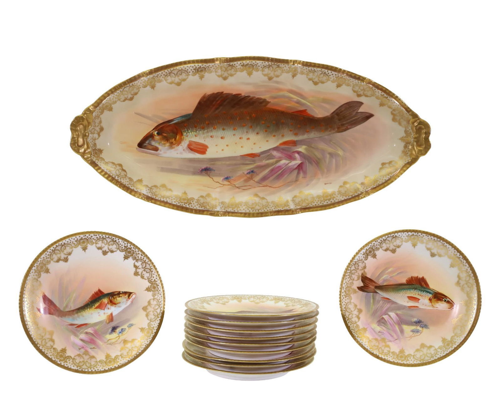 Limoges Fish Service: Large oval French Limoges hand painted and signed fish platter with gilded scalloped edge and (11) hand painted and signed French limoges gilded fish plates. Serving dish 24"w x 11"d and plates 9