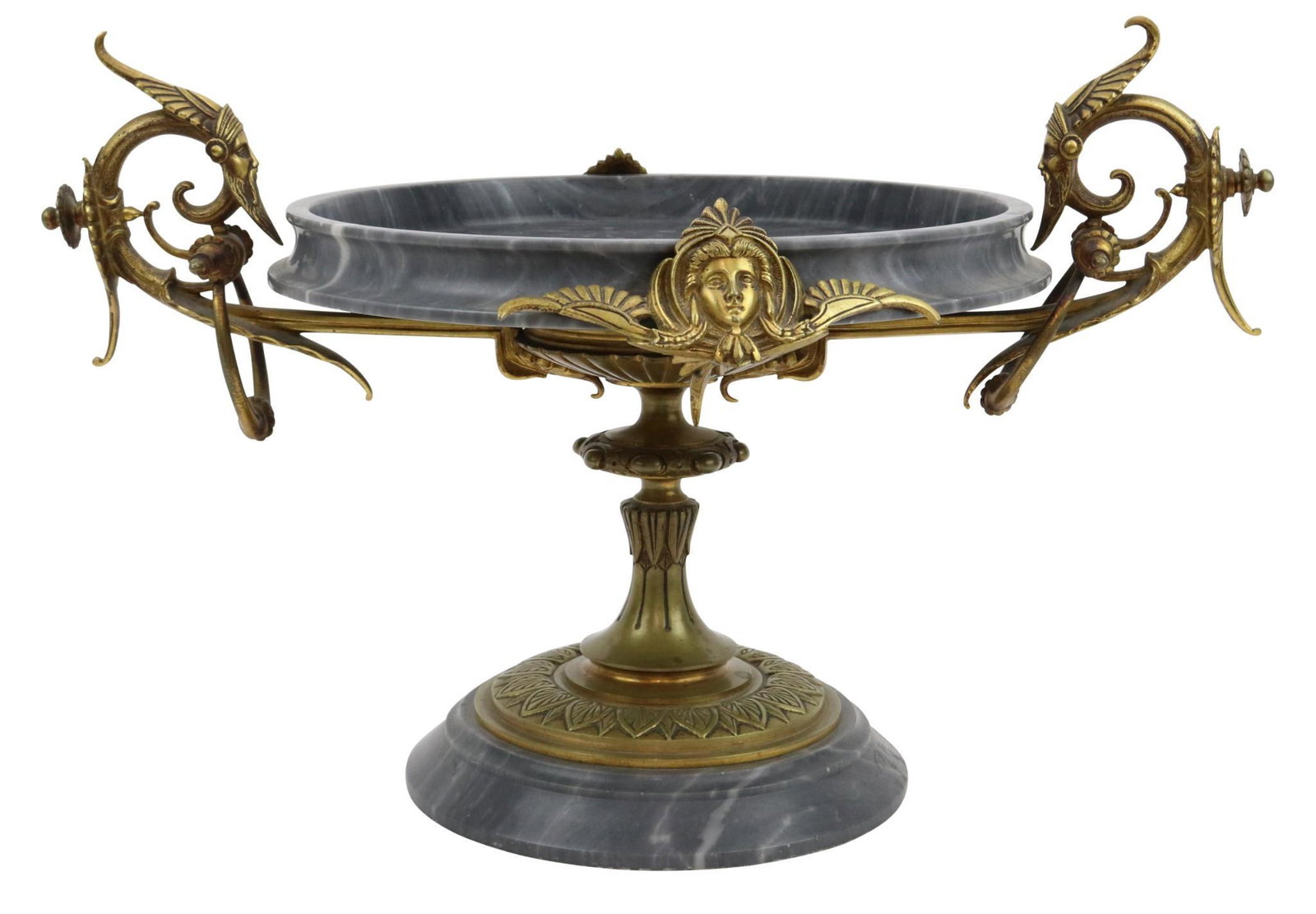 Grand Tour Tazza: Late 19th/Early 20th c., profile bust of a Roman maiden in the center, soldier handles and goddess adornment with foliate banding. 10"h x 16"w x 12"d