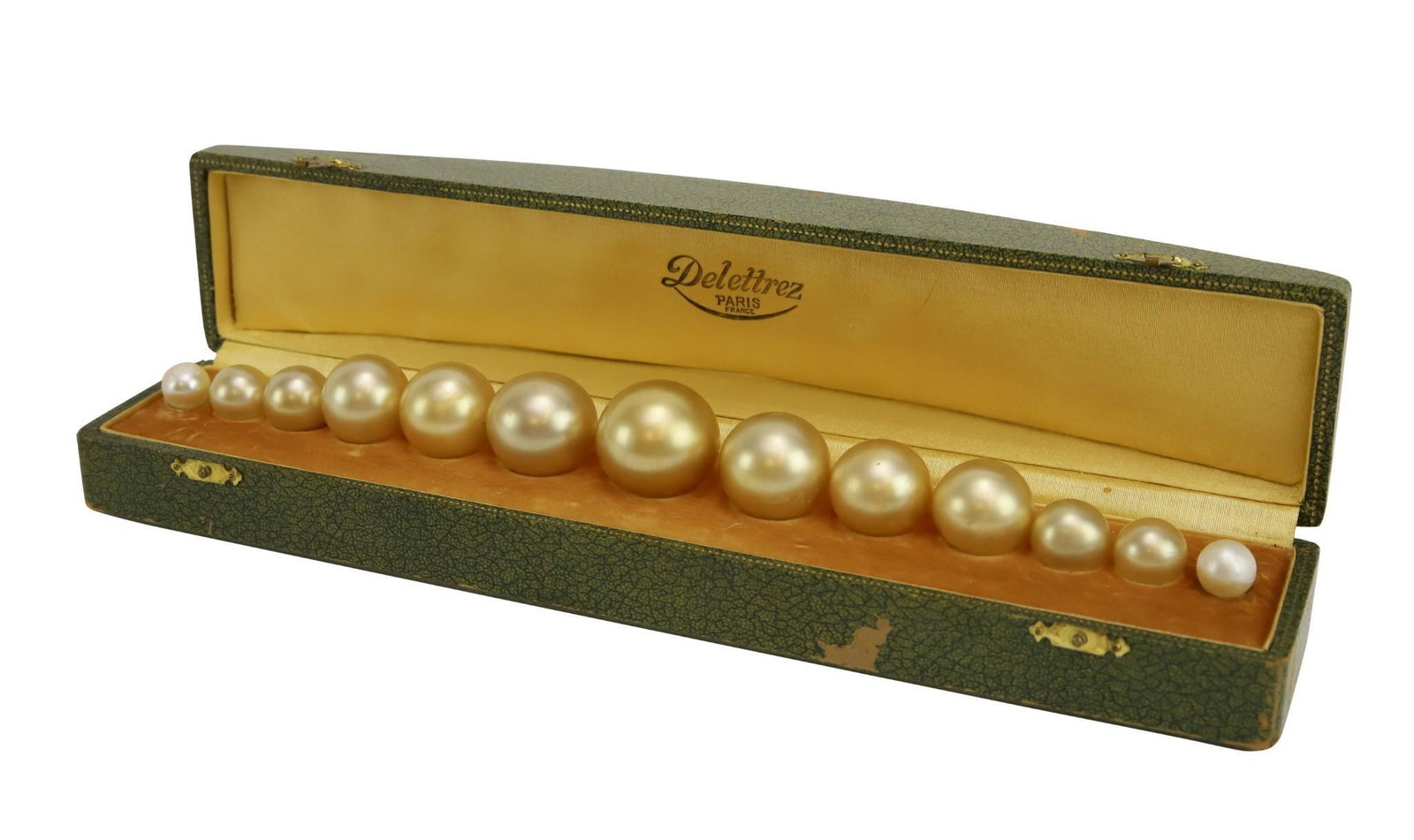 Delletrez "String of Pearls" Perfume Bottles: In original presentation case, with the original 11 bottles and the end pearls appear to have been replaced. Largest pearl measures 1"w. Box measures 2.25"h x 11.25"w x 2.25"d