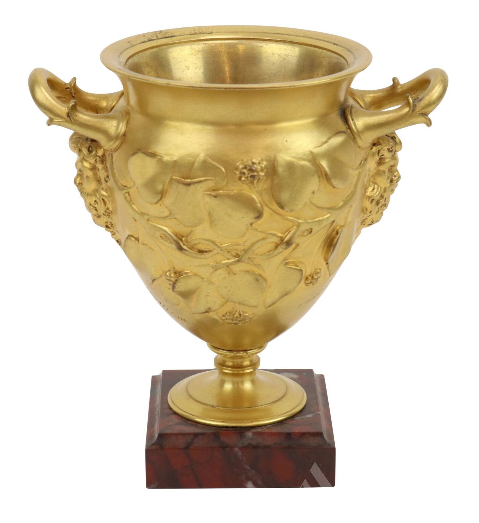 Ferdinand Levillain (1837 - 1905) and Ferdinand: Bronze, Signed. Neo-classical urn with double handles above bearded masks and flowering vines in low relief, mottled maroon marble plinth. 5"h x 5.5"w