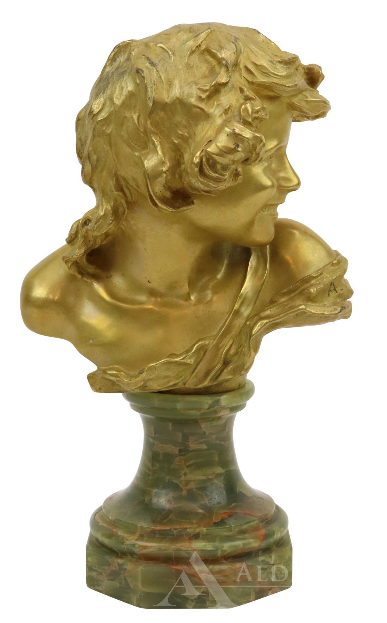 Jean-Antoine Injalbert (1845 - 1933): Bronze, "L'Enfant rieur" (The laughing child), signed. Bust of a young girl smiling over her shoulder. Has Siot Paris foundry mark. 11"h x 6"w including plinth