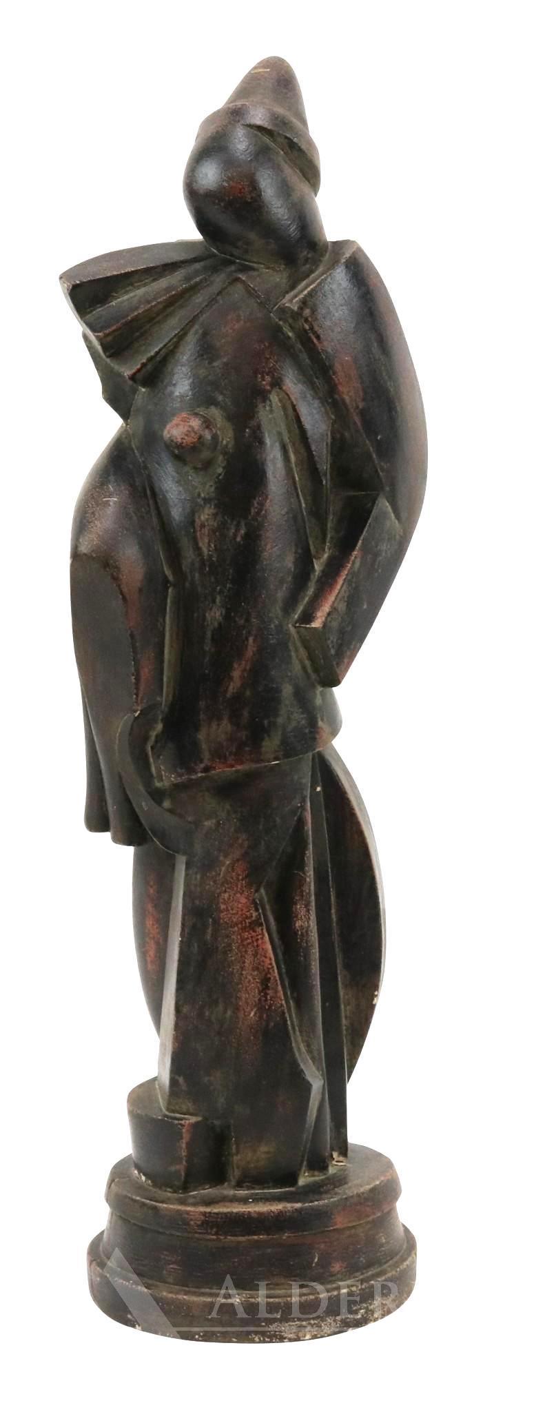 J Wallace Kelly (1894 - 1976): Limestone, "Harlequin", signed and dated '25, Modernist sculpture of a clown. 21"h x 5.75" round