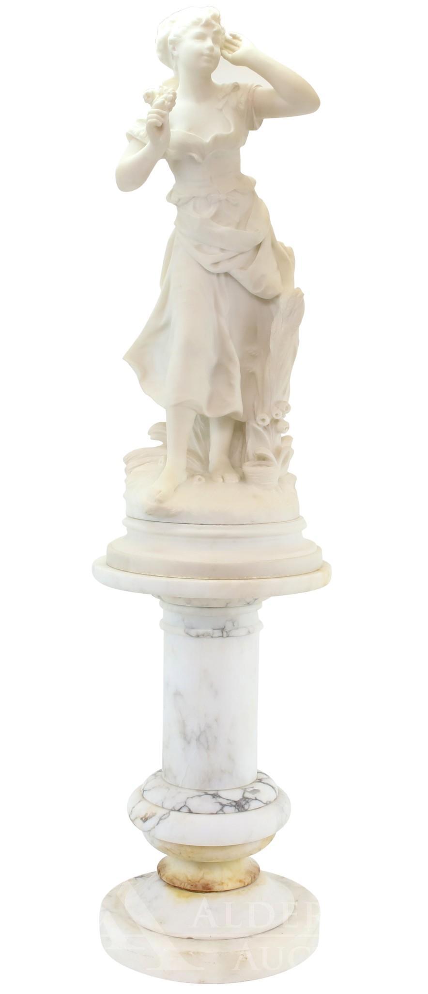 Mathurin Moreau (1822 - 1912): Alabaster statue and pedestal, signed "Moreau" at base. Pedestal marked "Italy". Young maiden in peasant dress, with flowers and wheat. Measures 45.5" h x 11" round.