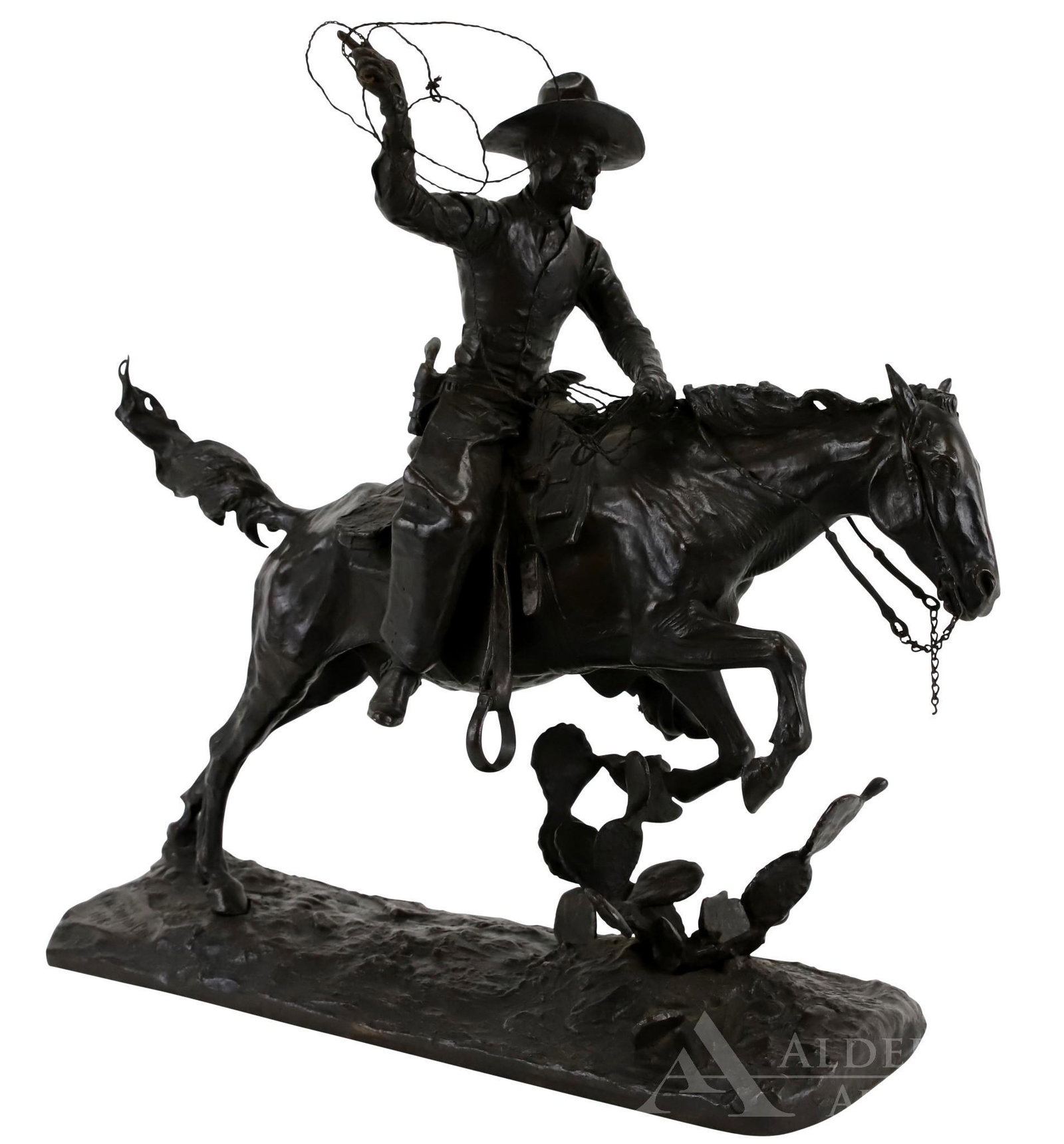 Charles Brinton Cox (1864 - 1905): Cast bronze statue, "El Texan Vaquero", signed "Chas Brinton Cox, copyright 1898" with foundry mark "Bureau Bro Phila" on base. Cowboy holding lasso, riding a horse mid gallop. 16"h x 16.5"w x 6"d 