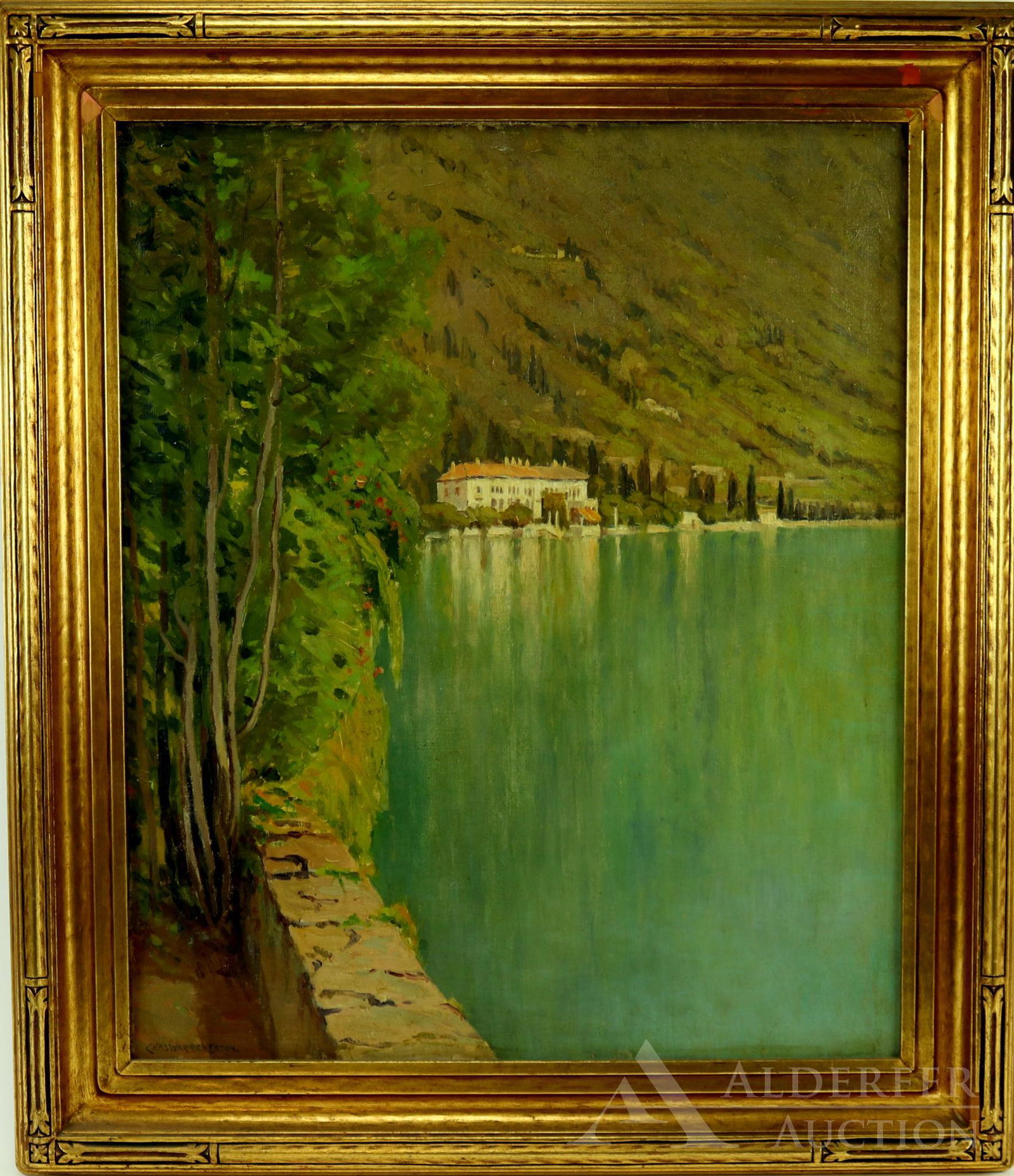 Charles Warren Eaton (1857 - 1937): Oil on canvas, “The Parapet - Varenna”, SLL. Landscape view over water with large villa in distance and architectural elements in forefront. 29.5”h x 26”w framed