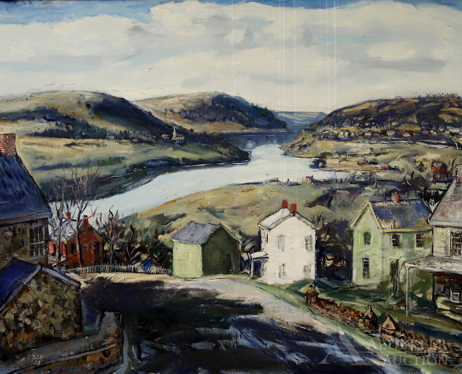 Walter Emerson Baum (1884 - 1956): Oil on canvas, "River View", SDLR '43. Sprawling landscape. 40"h x 50" and 46"h x 56"w framed