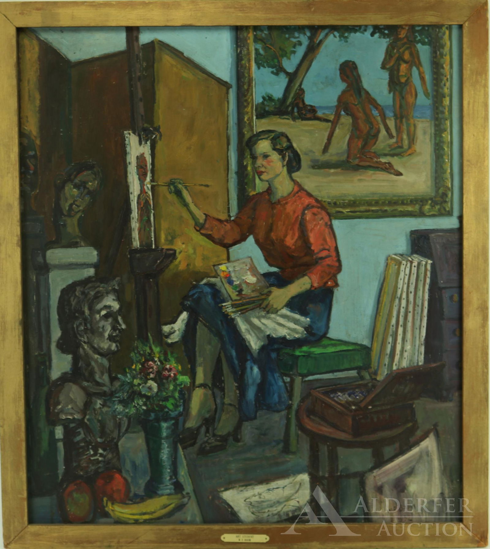 Walter Emerson Baum (1884 - 1956): OIl on board, "Art Student," SLR, 1952. Portrait of female painter surrounded by sculpture and paintings. 32"h x 28.5" and 34"h x 30.25"w frame