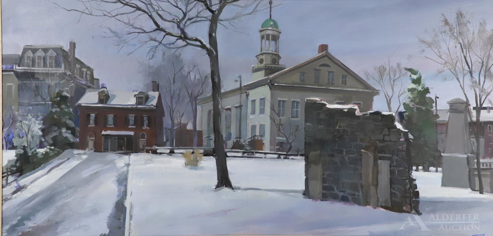 Ben Marcune (20th Century): Oil on canvas, "Main Street at Twilight", SLR. Urban landscape with state building and bell tower with partial architectural ruins in the foreground. 24"h x 48"h and 30"h x 54"w framed