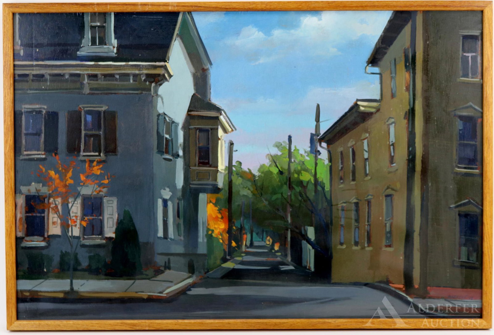 Ben Marcune (20th Century): Oil on board, SDLR, street scene, 1992. 35.75"h x 24"h and 37"w x 25"h framed