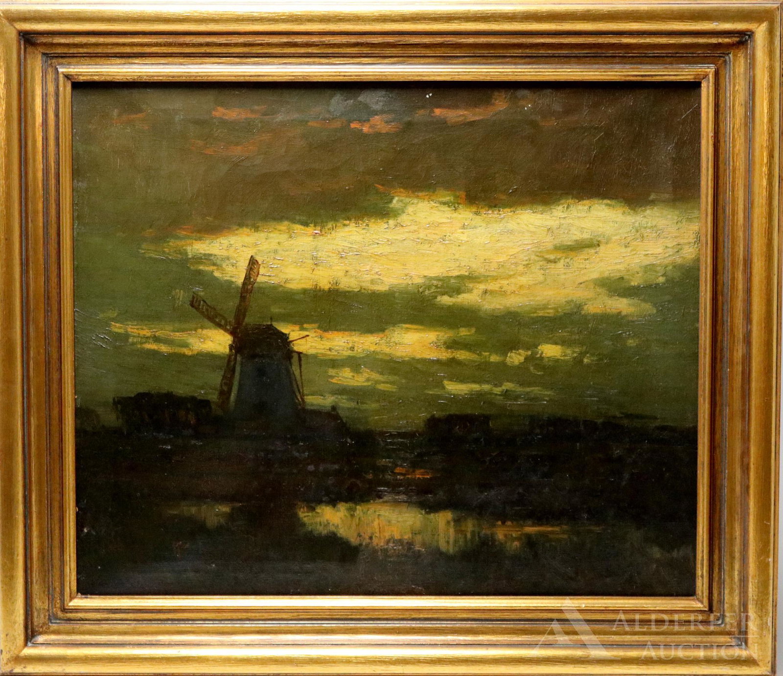 Charles Warren Eaton (1857 - 1937): Oil on canvas, "Evening in Holland", SLL and titled en verso. Landscape at dusk with a windmill in a pasture. 20"h x 24"w and 26.5"h x 29.5"w framed