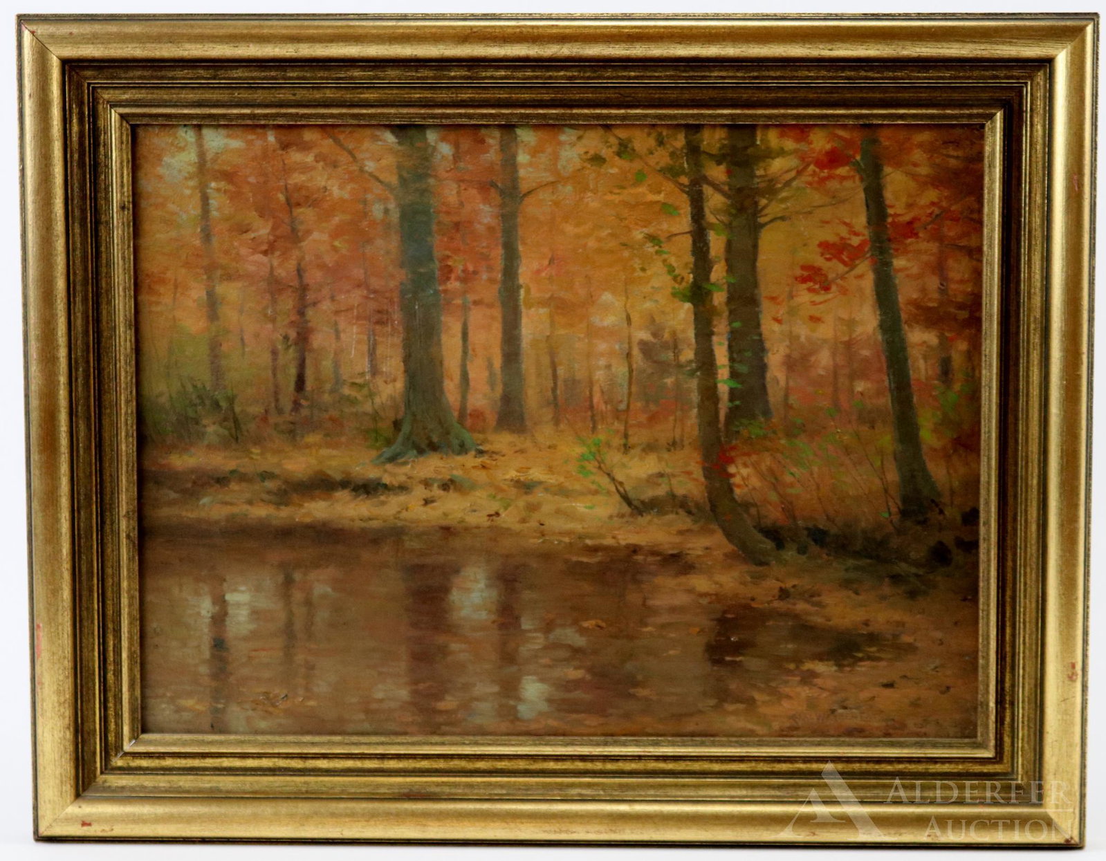 Charles Warren Eaton (1857 - 1937): Oil on canvas, SLR, Autumn forest landscape with stream. 12"h x 16"w and 15.5"h x 20"w framed