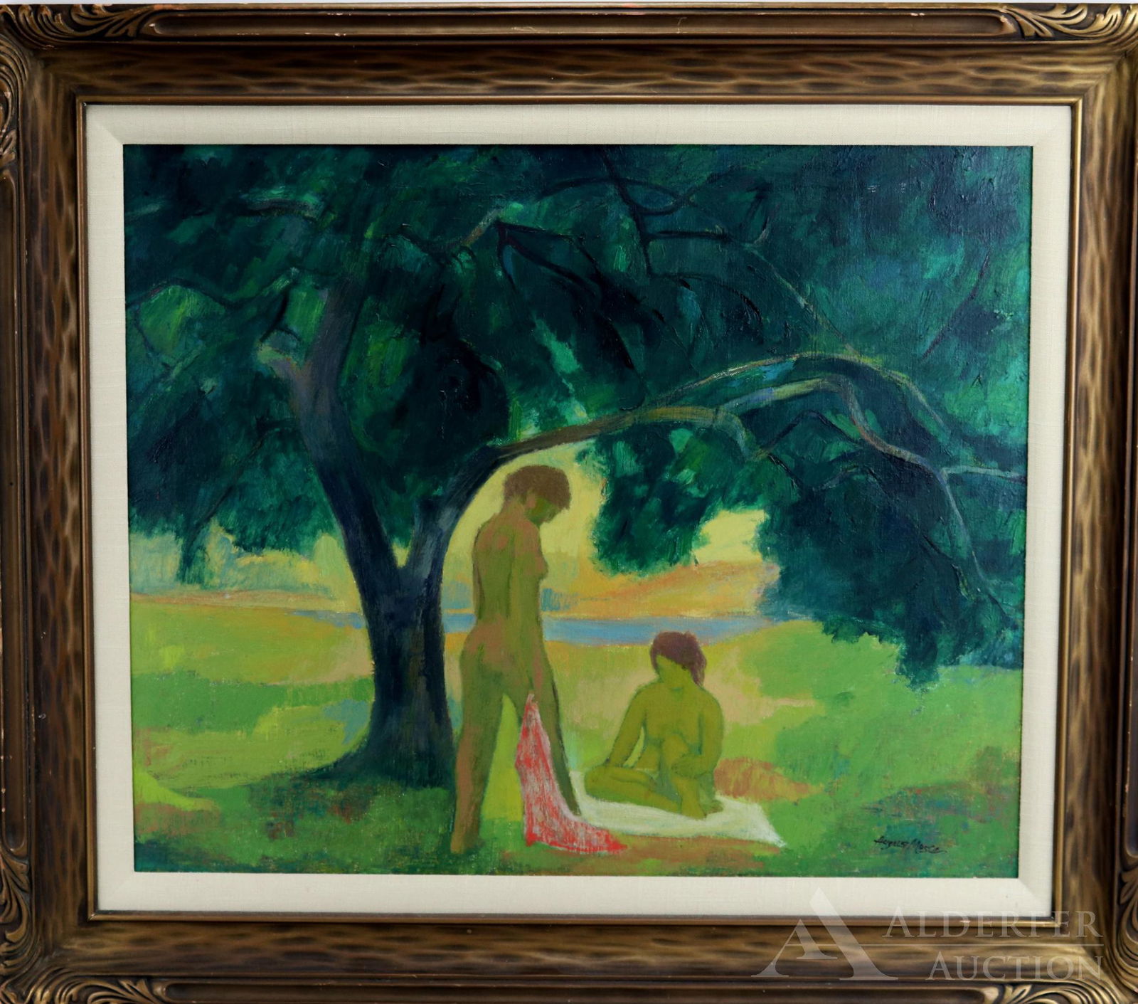 August Mosca (1907 - 2003): Oil on canvas, SLL. Modernist landscape with a nude couple under a tree. 23"h x 28"w and 31"h x 36"w framed