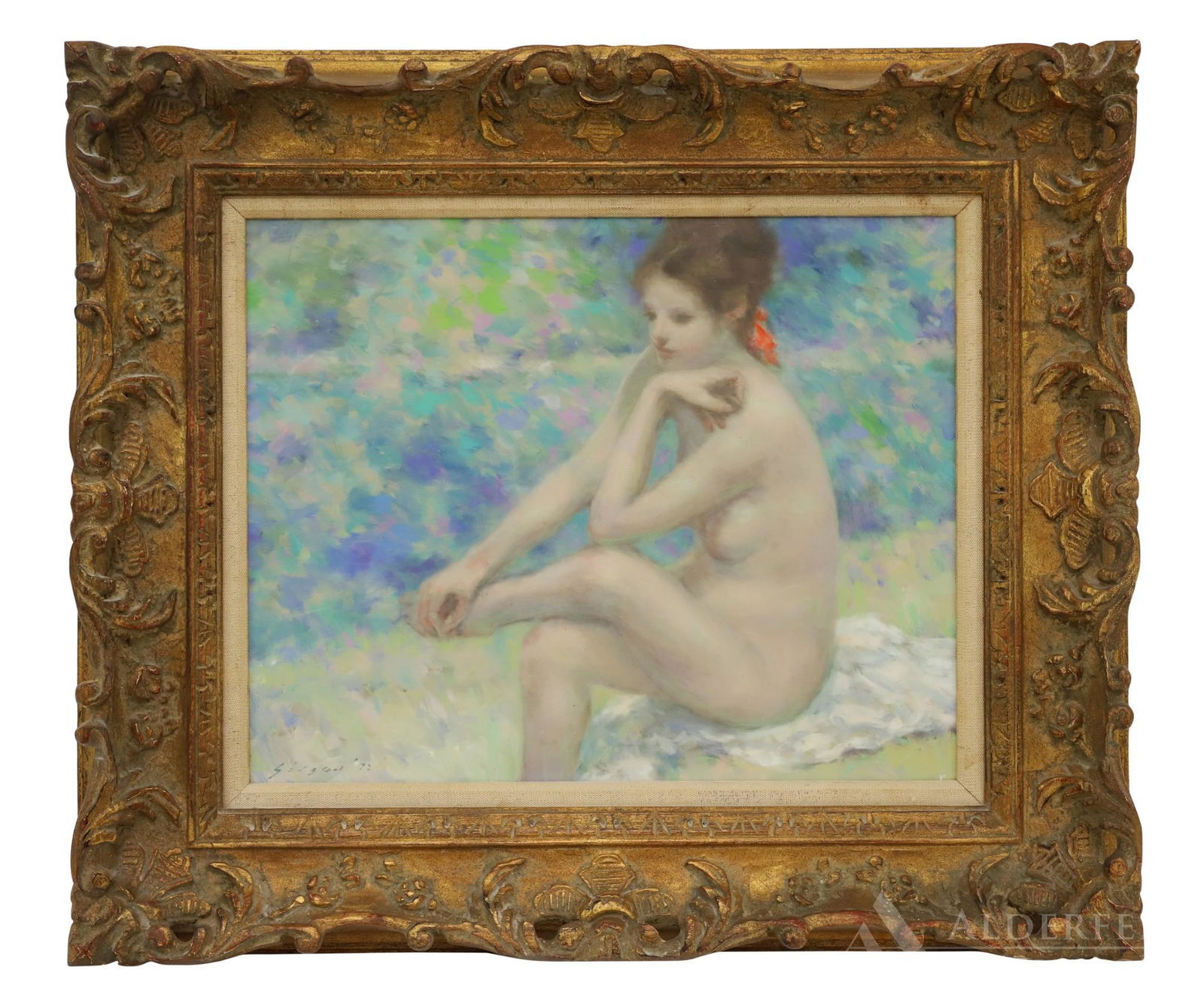 Andre Gisson (1921 - 2003): Oil on canvas, SDLL '72, Impressionist portrait of a seated a nude. 16"h x 20"w and 25"h x 29"w framed
