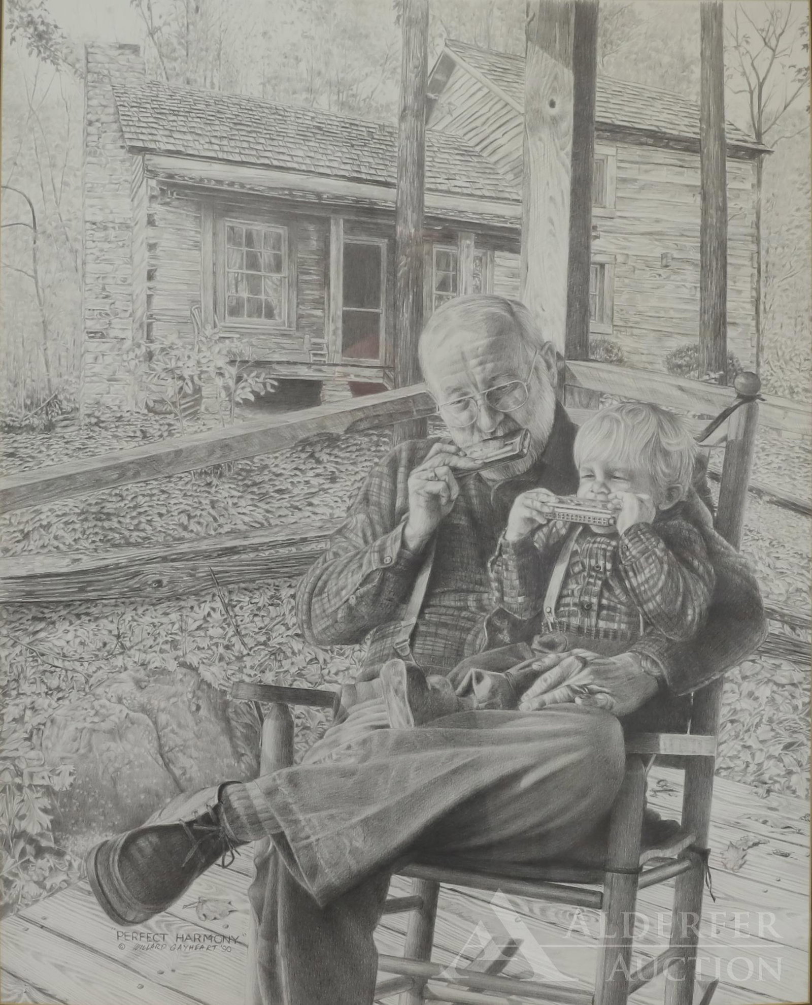 Willard Gayheart (20th c.): Pencil on paper, "Perfect Harmony", SDLL, '90, Photo-realistic drawing of a grandfather playing the harmonica with his grandson. 28.75"h x 22.5"w sight and 37"h x 31"w framed