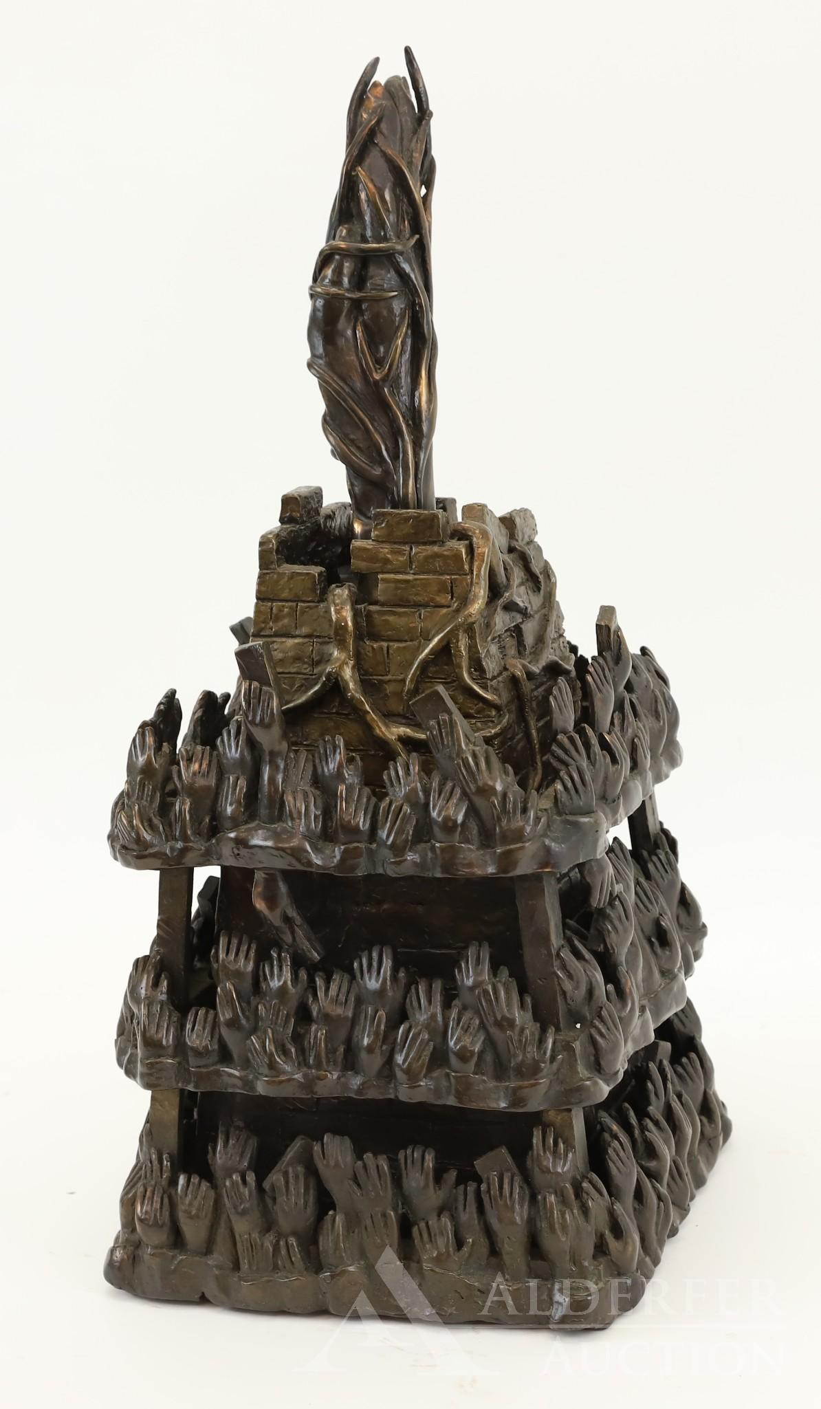 Wayne Forbes (1945-2013): Bronze sculpture, "Resurrection". Two piece bronze sculpture sitting on composite base. Twisted stem and twigs protruding from center and rests on a pyramid of hands.19"h x 9"w x 9"d and 23"h x 13.5"w
