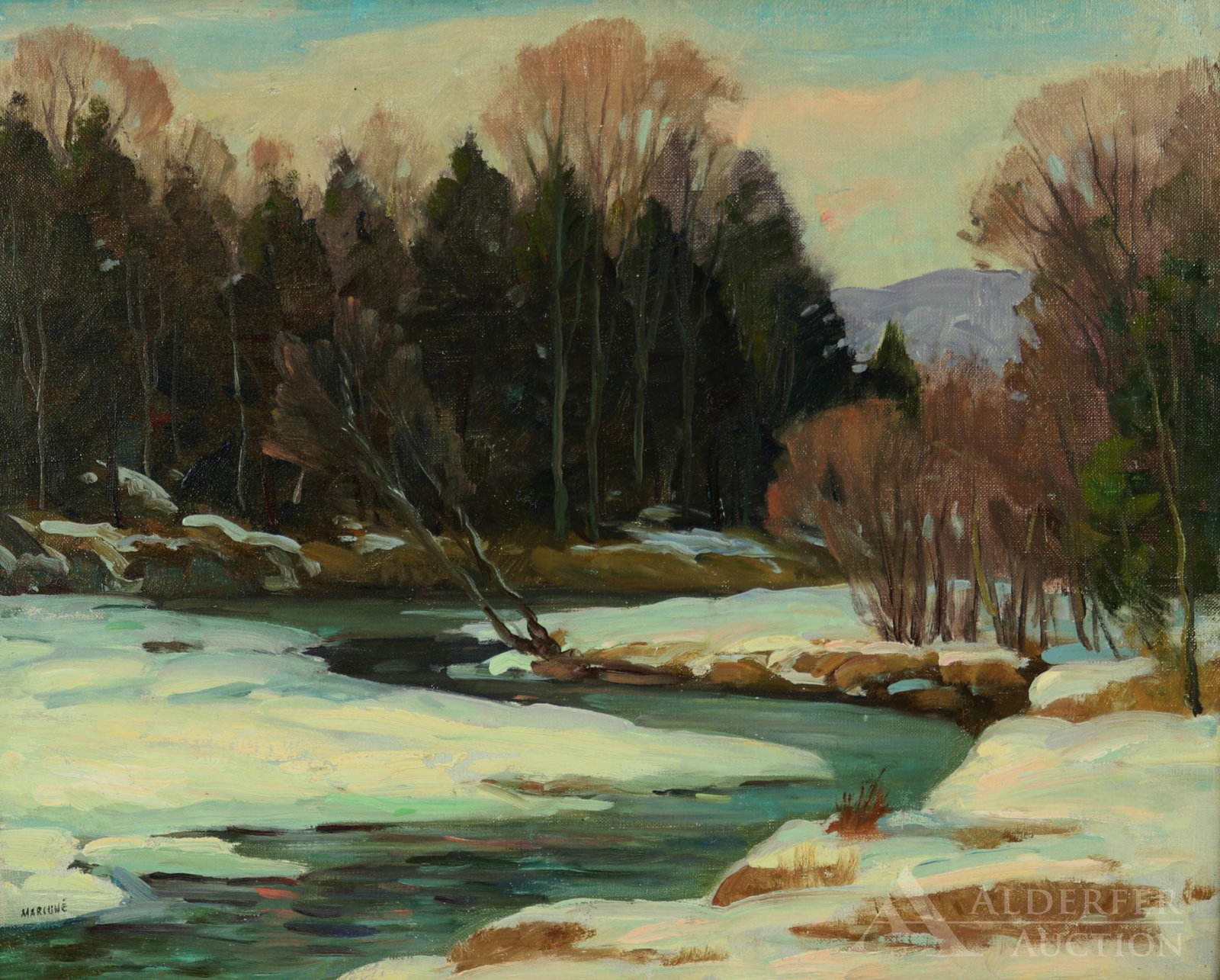 Ben Marcune (20th Century): Oil on board, SLR. Rural landscape with snow and stream. Mountain in background. 15.5"h x 19.25"w and 21.75"h x 25.5"w framed
