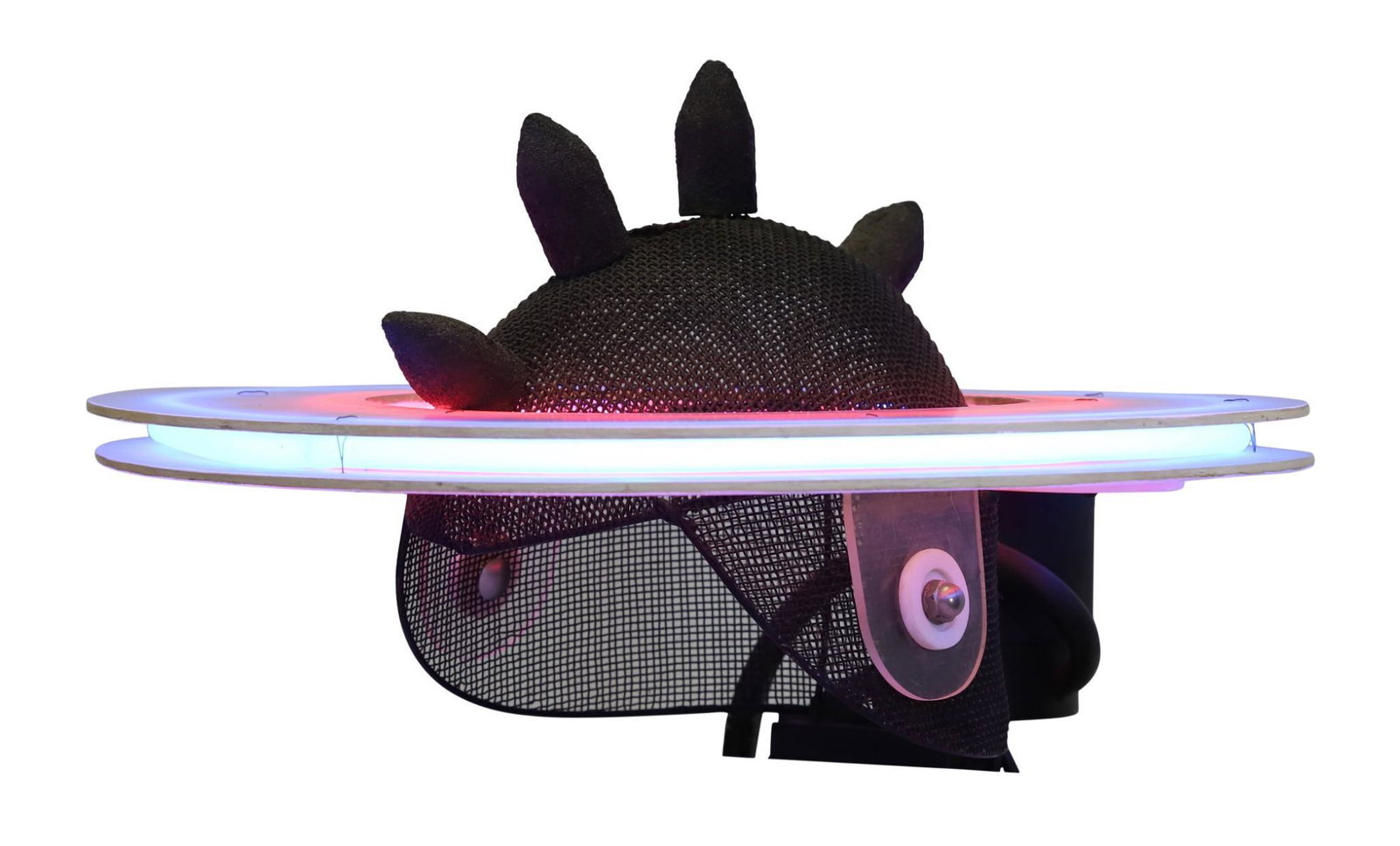 Wayne Forbes (1945-2013): Metal and neon sculpture, unsigned. Mesh helmet-like sculpture with protruding spikes, surrounded by neon red and blue ring (working order). 10"h x 18"w x 18"d