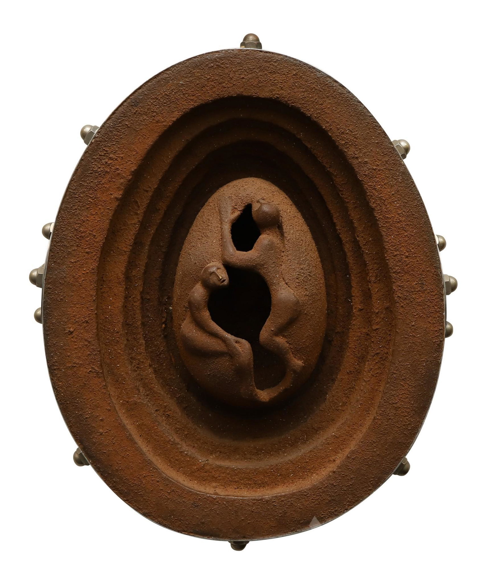Wayne Forbes (1945-2013): Fired clay and iron filings hanging sculpture, "Clone Sack, Artifact #2". Affixed label on back "Clonal Artifact #2 Fired Clay Iron Filings Wayne Forbes". Surreal figures emerging from a egg-like form