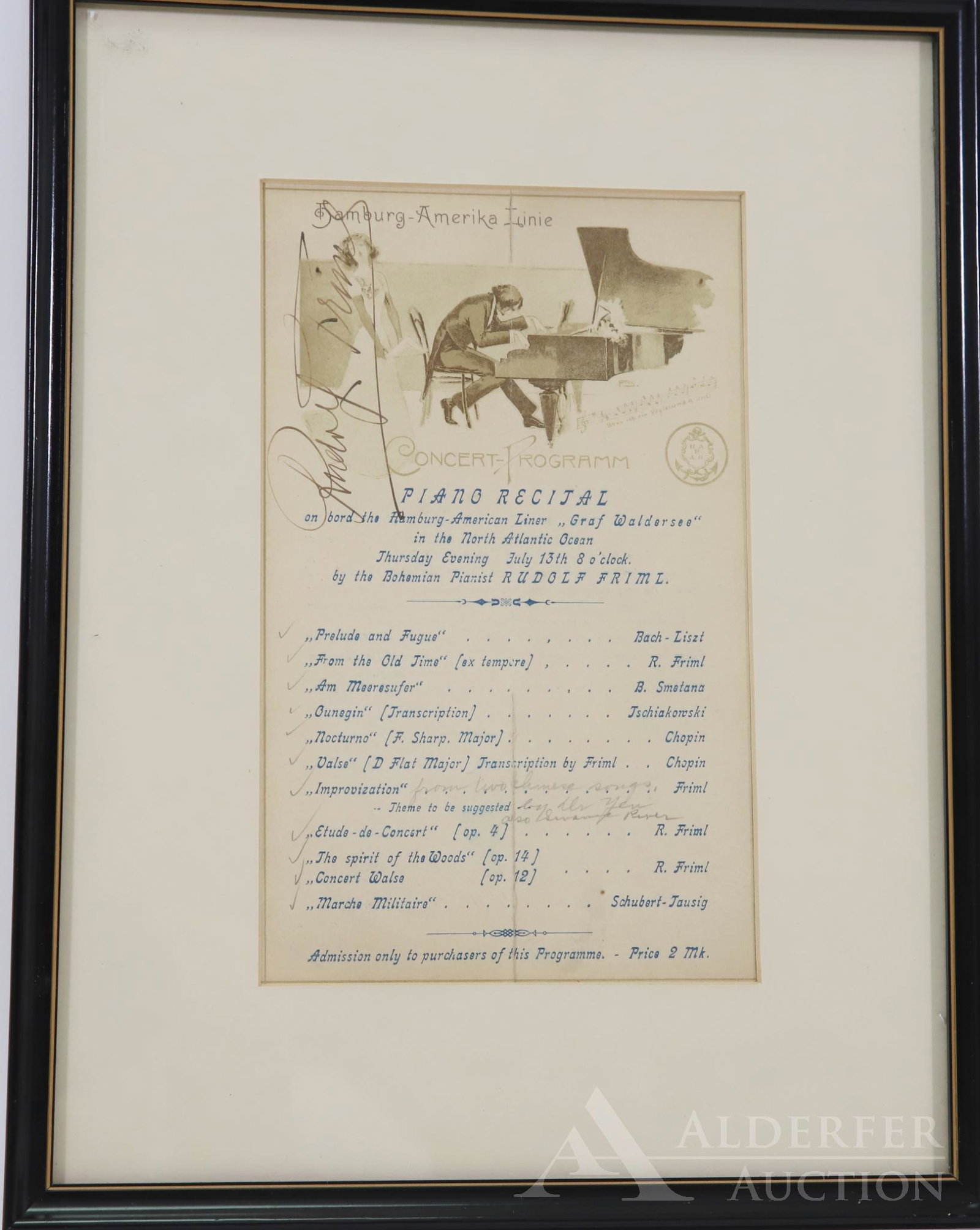 Autograph of Rudolf Friml: Autograph of Rudolf Friml (1879 -1972) Czech-born composer and pianist. Autograph of concert program page for a piano recital held on the Hamburg-Amerika Line ship Graf Waldersee on Thursday evening J