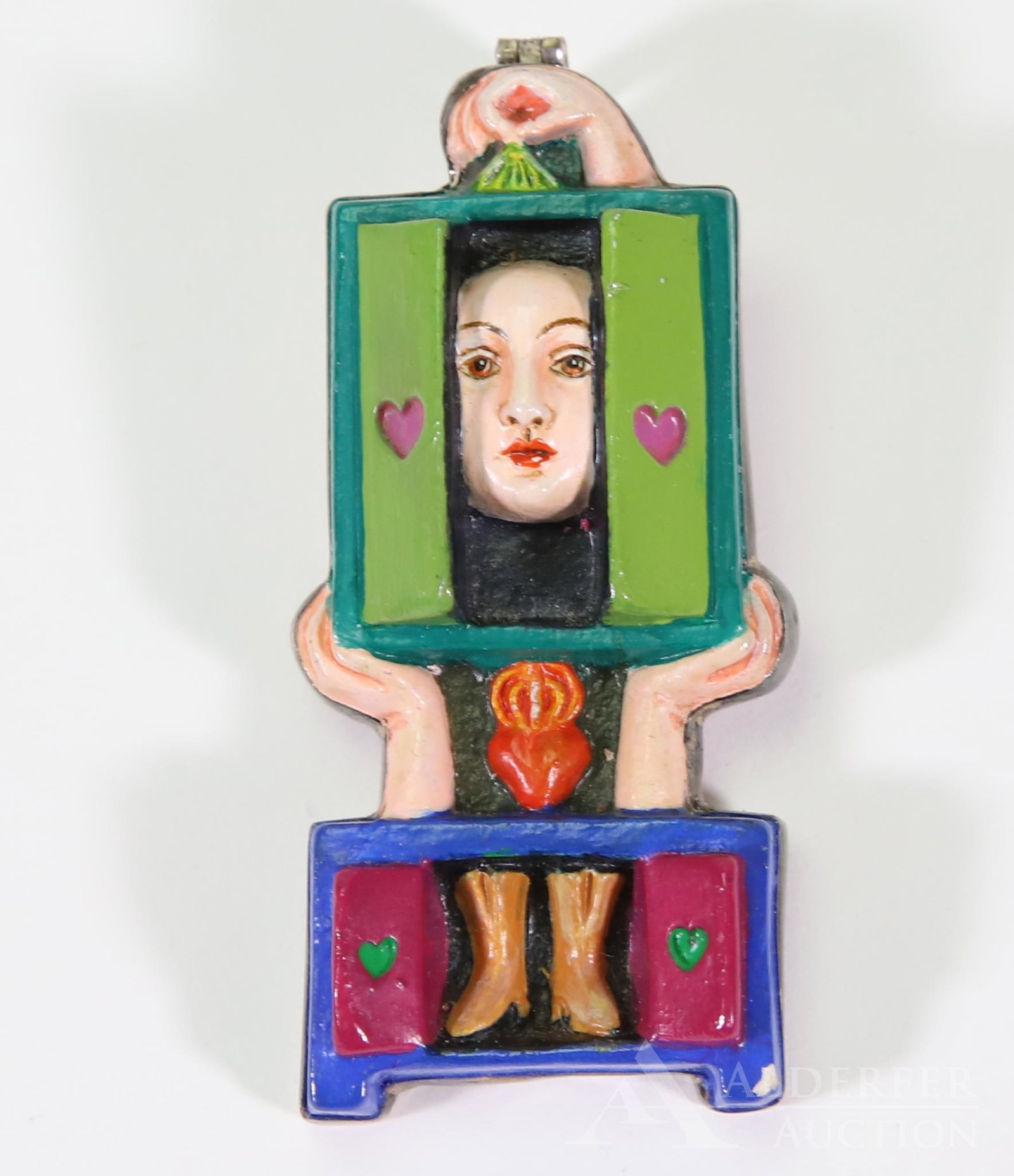 Sergio Bustamante Sterling Silver Surreal Pendant: 3 x 1 1/4". Marked MEX 925 GA39 on back of Sterling setting. Bezel holds artwork. Chip to blue paint. 26.5gtw.