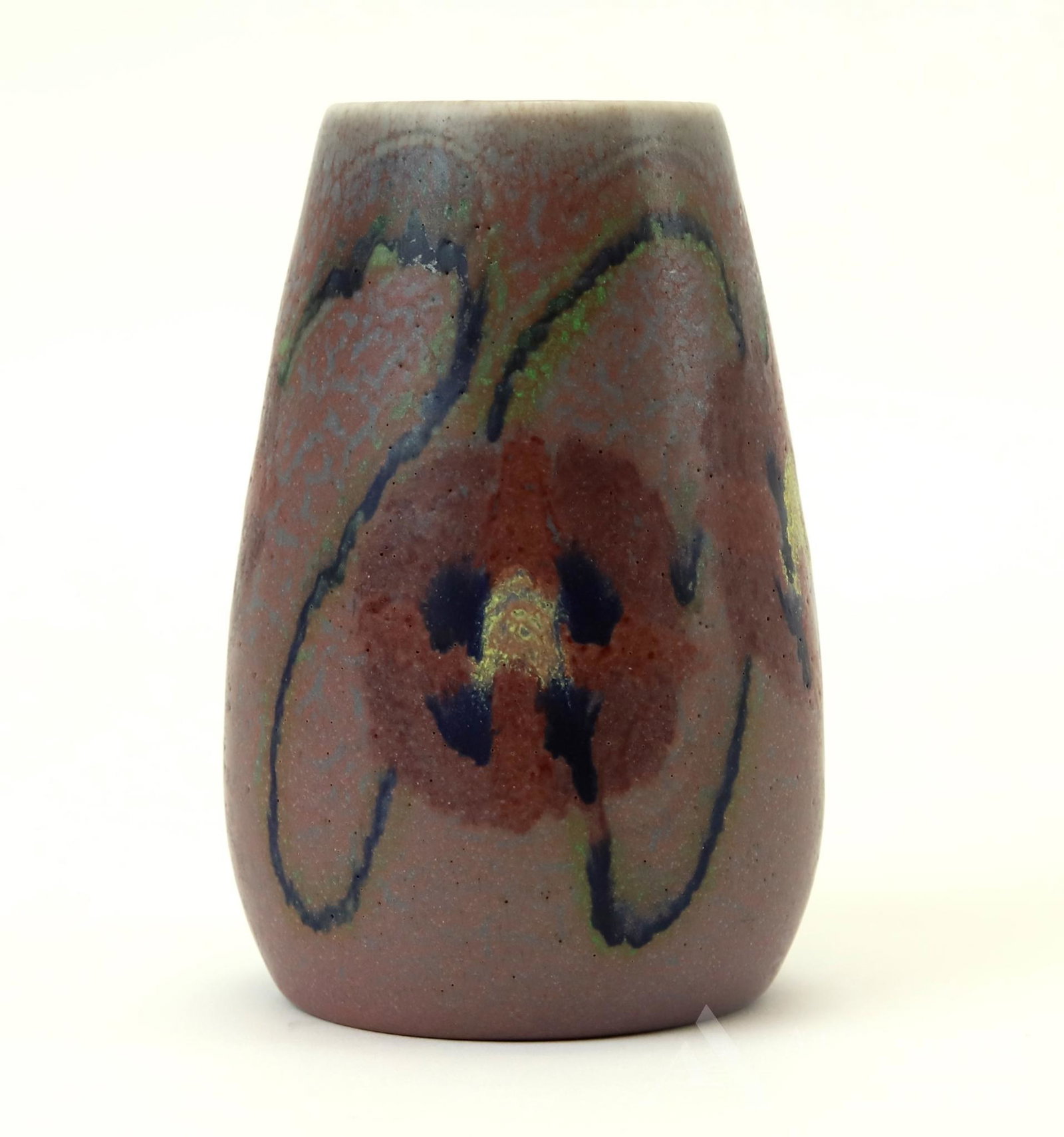 Charles Stanley Todd Rookwood Vase: Decorated with reds, blues and greens with arts and crafts floral decoration under a wax matte glaze, signed with artist's cipher. c. 1921. 4.75"h x 3.25"round