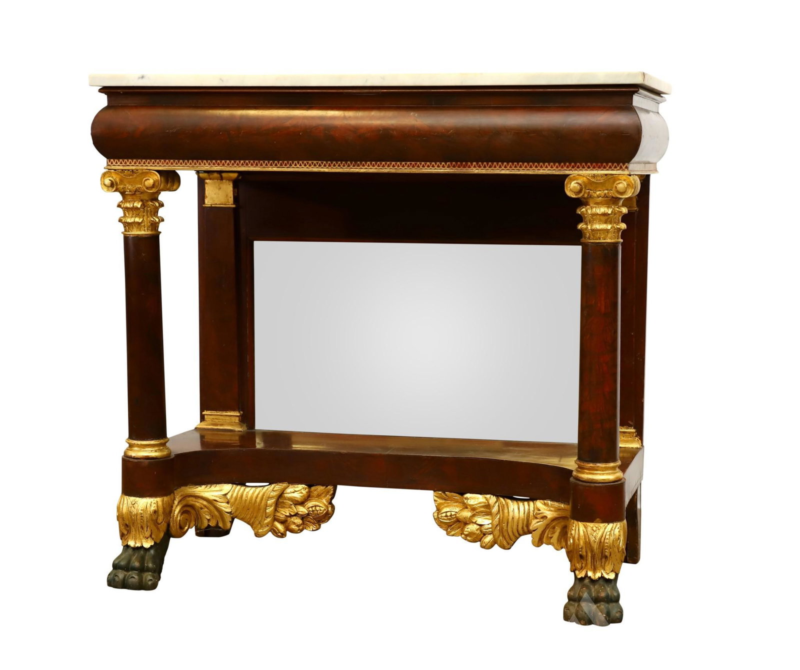 American Empire Mahogany and Parcel Gilt Pier Table: Marble top with capital columns, mirrored back, concave tier with scroll and cornucopia frieze on hairy paw feet. 38"h x 40"w x 19"d