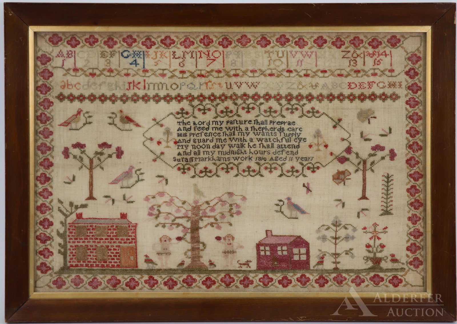 Sampler by S. Marham, 1810: Sampler, possibly English. Cotton on linen Adam and Eve sampler with hymnal text, motifs and alphabet. Conserved and framed. 16.75"h x 23.75"w framed
