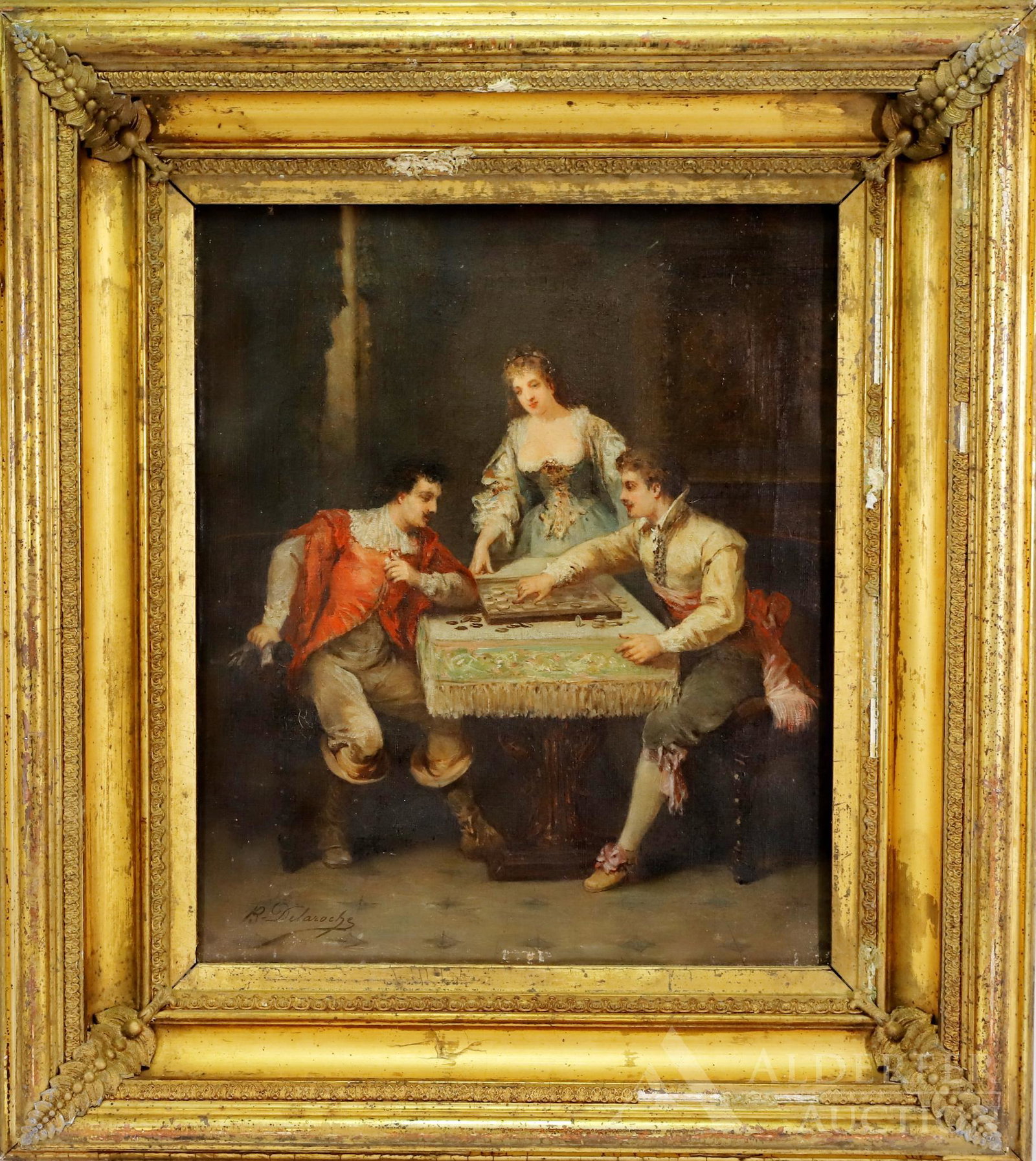 Oil on Canvas: Oil on canvas, SLL (R. Delaroche). Genre scene with 2 gentleman playing checkers with a Lady overseeing the match. 18.5"h x 15" and 26"h x 23"w