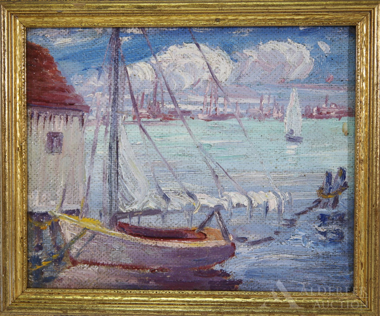 Anna Heyward Taylor (1879-1956): Oil on board, unsigned with label en verso. Coastal scene with docked sailing ships. 7.5"h x 9"w and 8.5"h x 10"w framed
