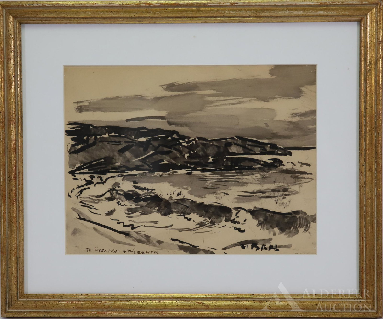 Gifford Beal (1879-1956): Watercolor, SLR and dedicated, "To George and Eleanor". Coastal landscape overlooking an inlet. 8.5"h x 11.5"w sight and 14.5"h x 17.5"w framed