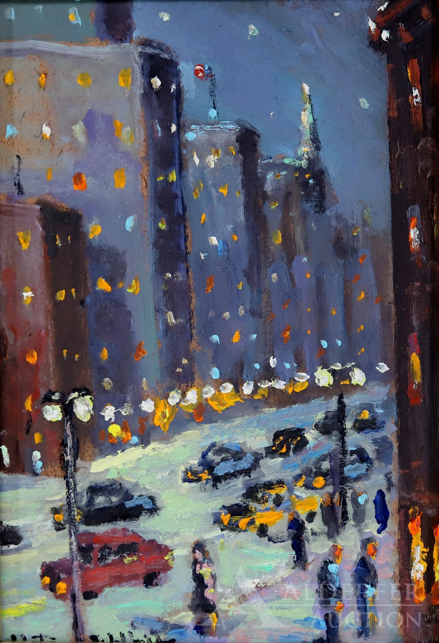 Christopher Willett (born 1959): Oil on board, "Evening Stroll Downtown Manhattan, NY", SLL and titled and signed en verso. Evening urban landscape with colorful lights. 7"h x 5" and 11"h x 9"w